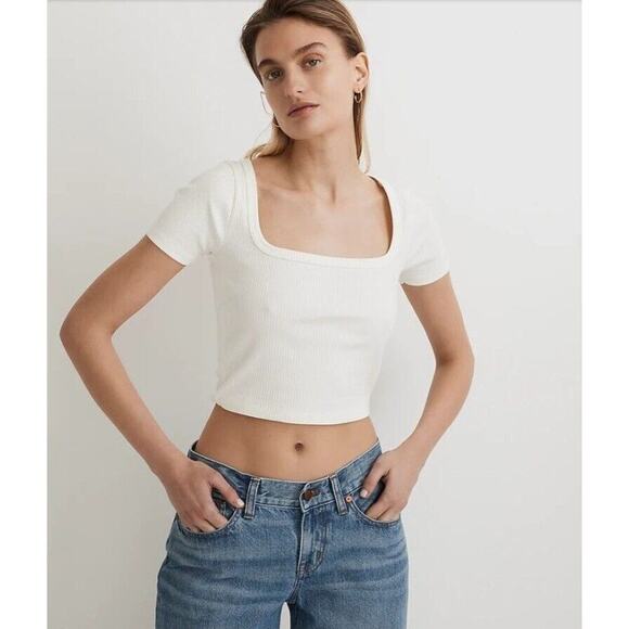 Madewell White Square Neck Casual Stretch Crop Tee Ribbed NWT Small - Picture 1 of 7